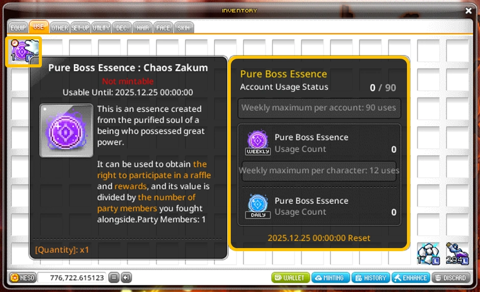 Pure Boss Essence tooltip and usage limits.