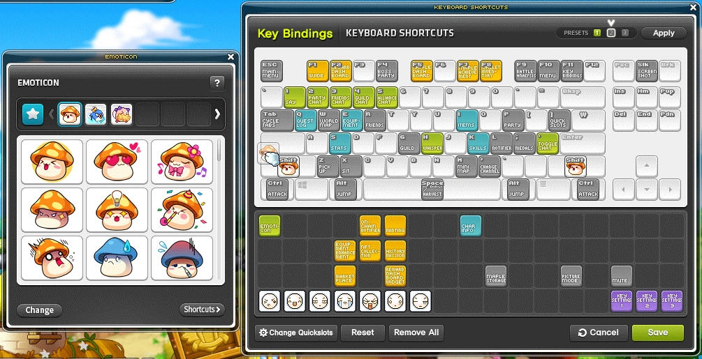 Emoticons assigned through the Key Bindings window.