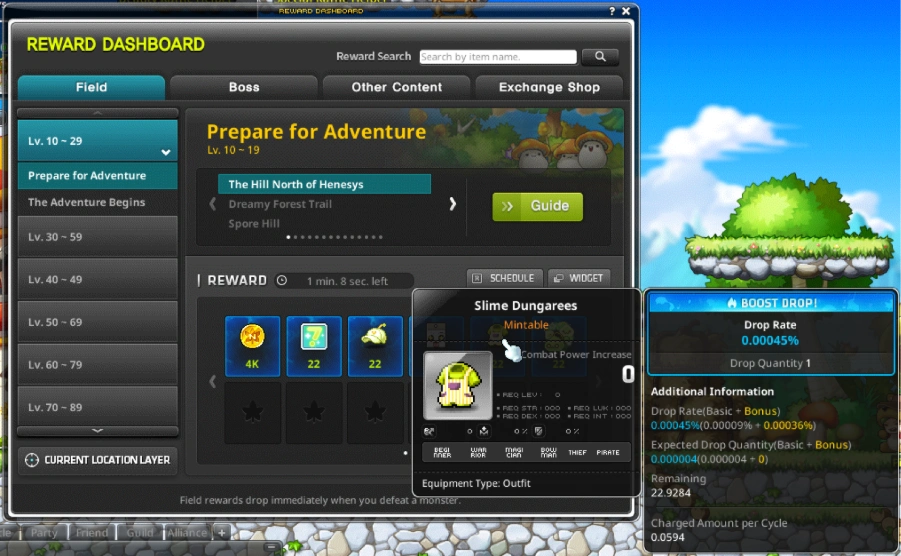 Reward Dashboard with item drop information.