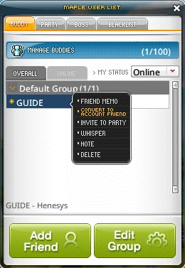 Friend context menu with communication options.