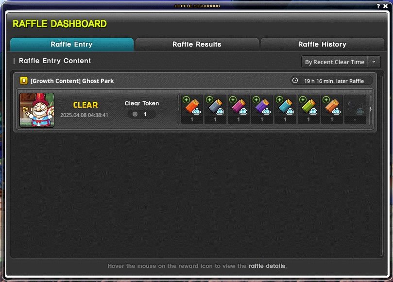 Ghost Park rewards in the Raffle Dashboard.