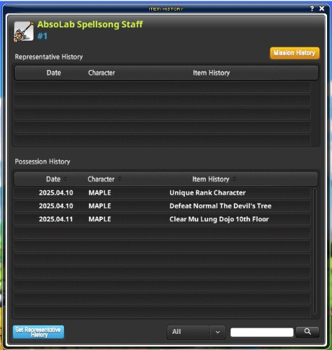 Minted equipment's Item History panel.