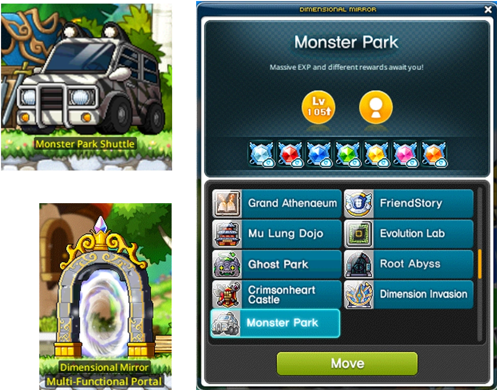 Monster Park shuttle and Dimensional Mirror.