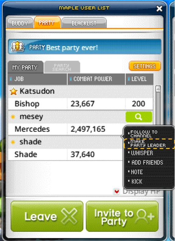 Party member context menu and leadership action.